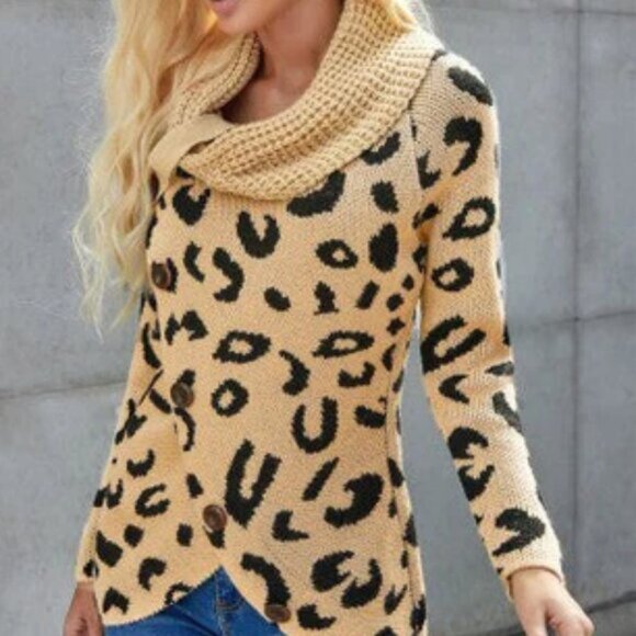 Cowl Neck Leopard Print button down heavy sweater Cheetah print size small - Picture 2 of 9